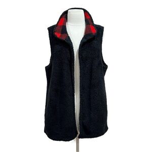 Beeson River Black Sherpa Buffalo Plaid Collar Vest Size Large